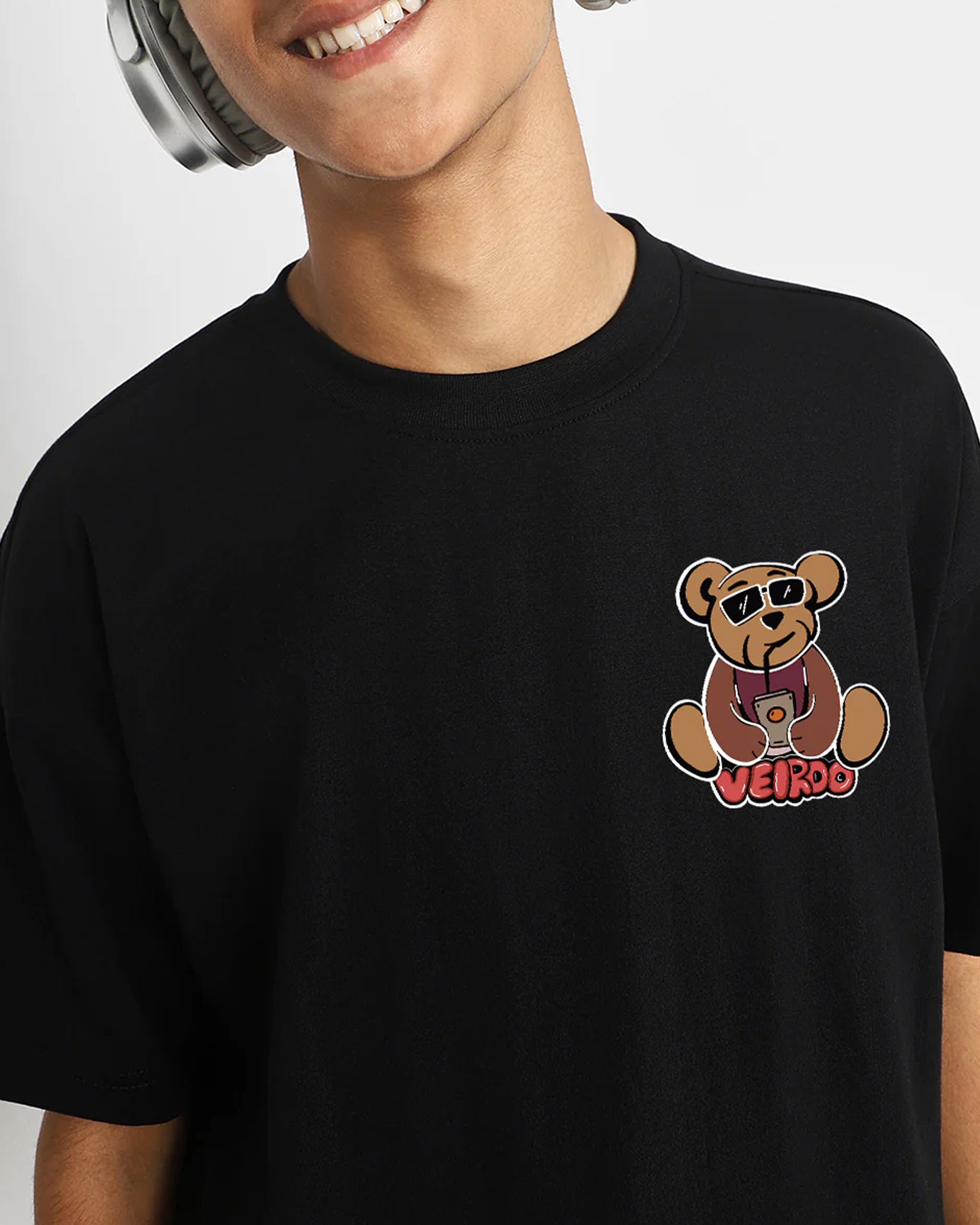 Urban Style T-Shirt Playful Bear & Graffiti Design on Black Cotton Close Front View