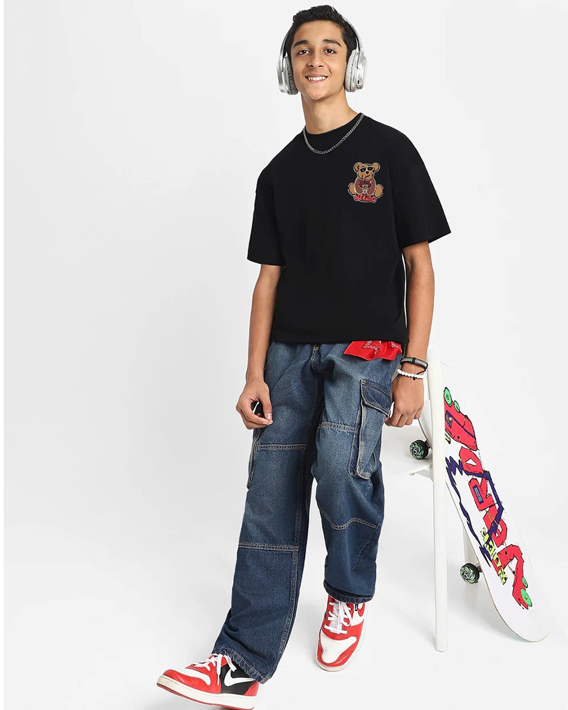 Urban Style T-Shirt Playful Bear & Graffiti Design on Black Cotton Front View