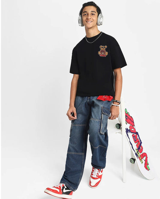 Urban Style T-Shirt Playful Bear & Graffiti Design on Black Cotton Front View
