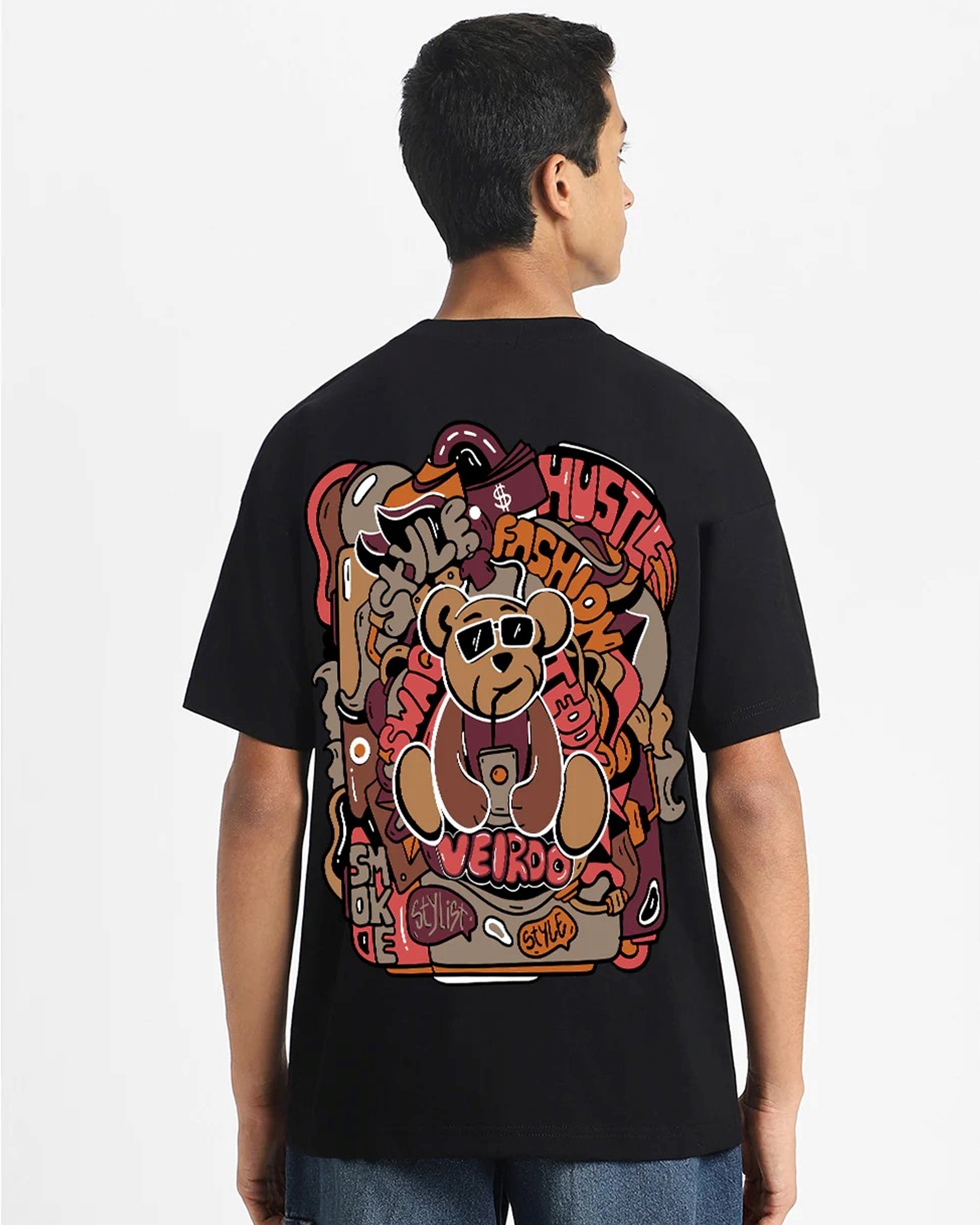 Urban Style T-Shirt Playful Bear & Graffiti Design on Black Cotton Standing Back View