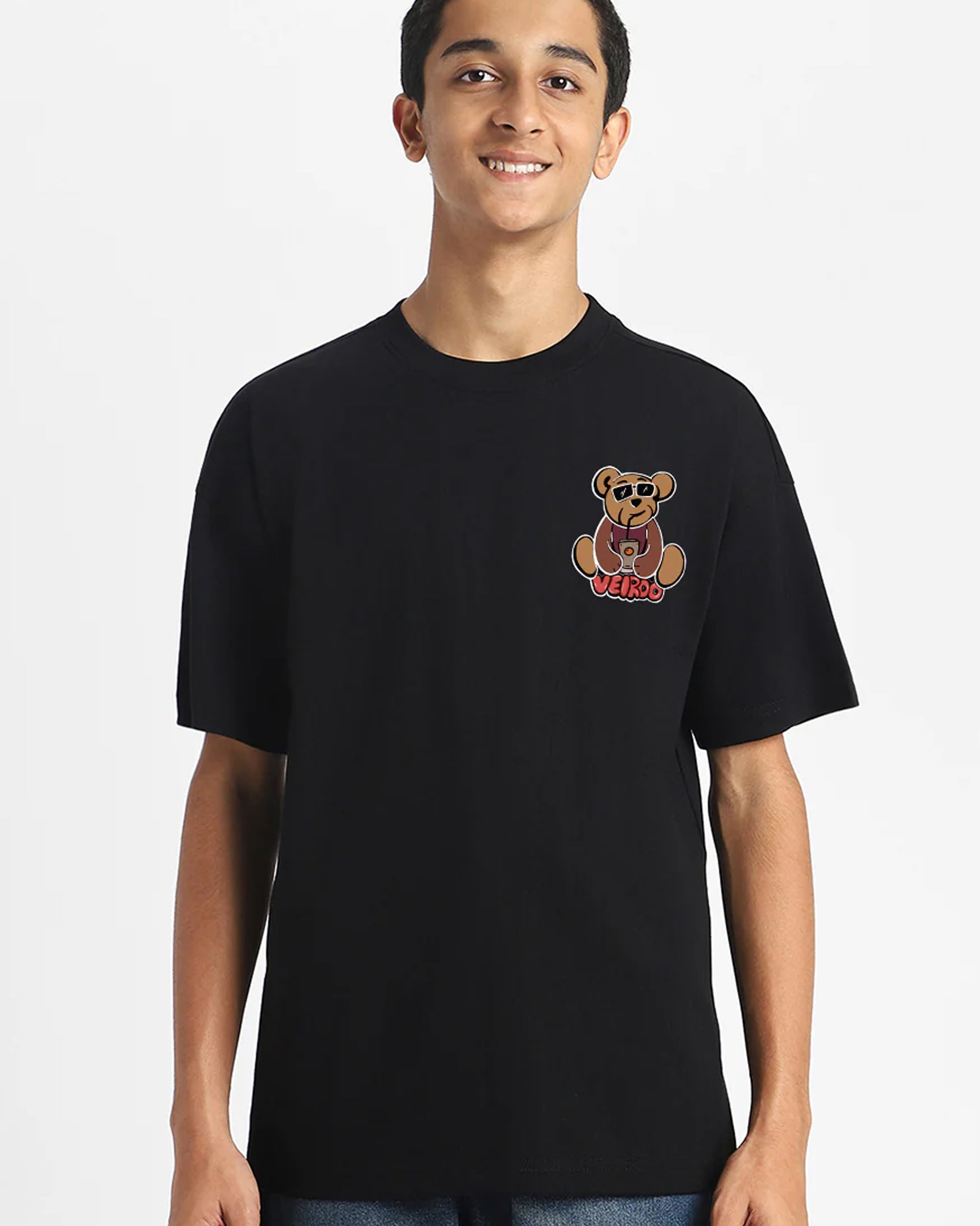 Urban Style T-Shirt Playful Bear & Graffiti Design on Black Cotton Front View