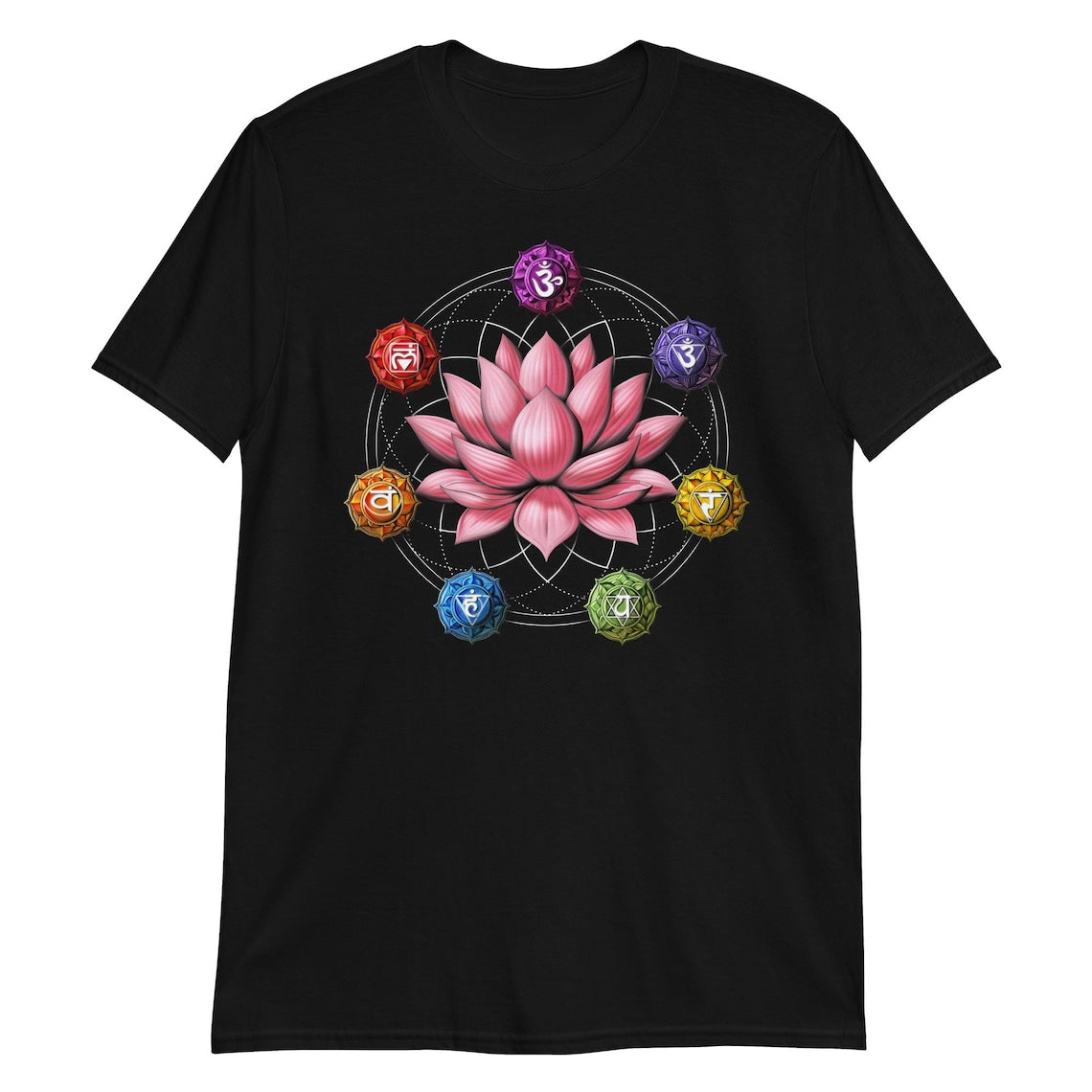 Black T-Shirt featuring a pink lotus flower surrounded by colorful chakra symbols within a geometric design.