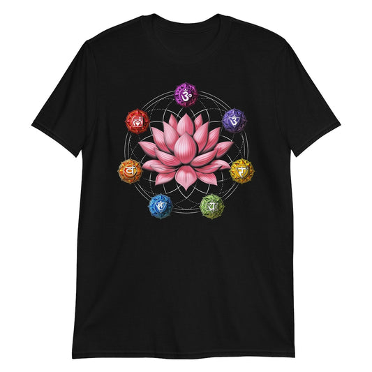 Black T-Shirt featuring a pink lotus flower surrounded by colorful chakra symbols within a geometric design.