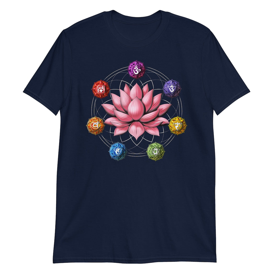 Dark Navy T-Shirt featuring a pink lotus flower surrounded by colorful chakra symbols within a geometric design.