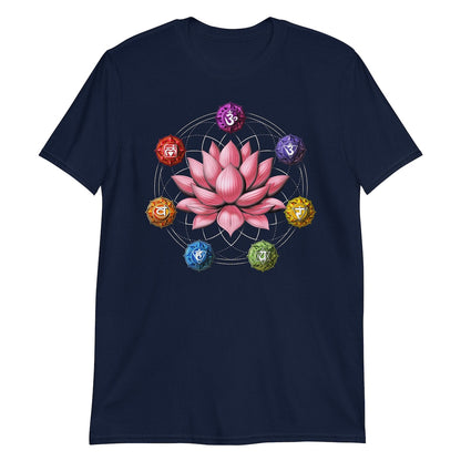 Dark Navy T-Shirt featuring a pink lotus flower surrounded by colorful chakra symbols within a geometric design.