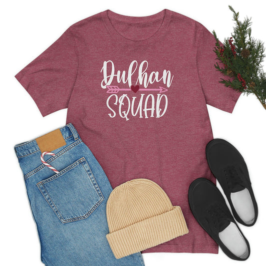 Maroon heather t-shirt with the word "Squad" below an arrow piercing a heart, likely for a wedding party.
