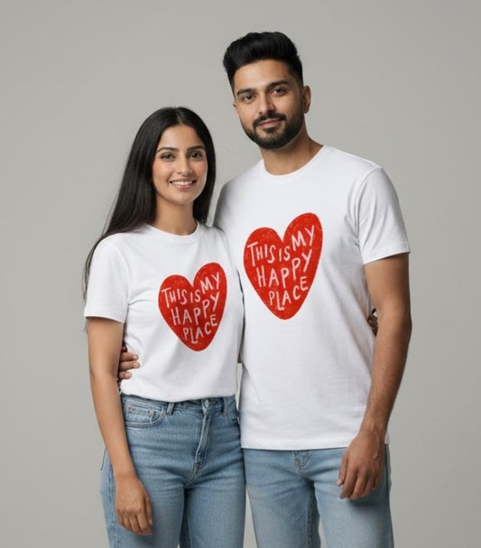 "THIS IS MY HAPPY PLACE" matching couple T-shirts