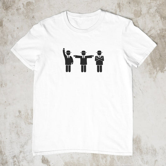 White t-shirt featuring three black pictogram figures in suits and hats, depicting cricket umpires with different signals.