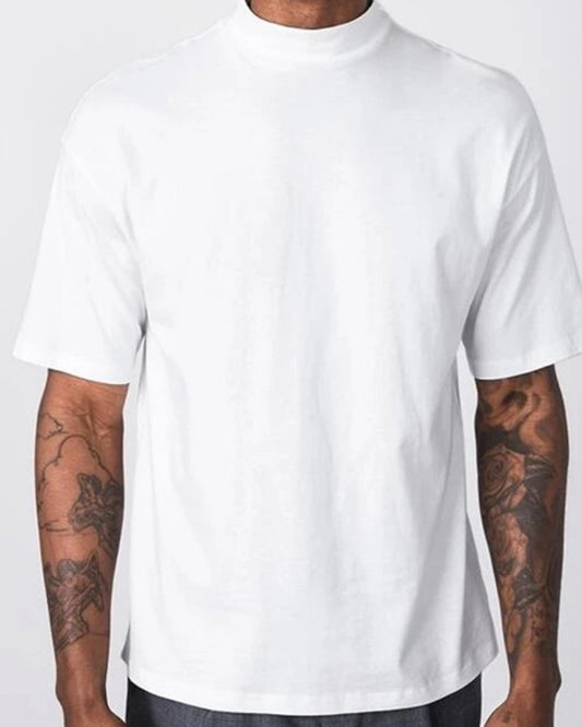 A person  wears a white mock neck t-shirt,White_Mock_Neck_TShirt_Casual_Style_back_view