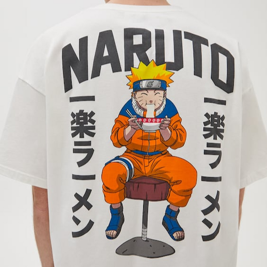 White t-shirt featuring a back graphic of Naruto eating ramen with Japanese text.