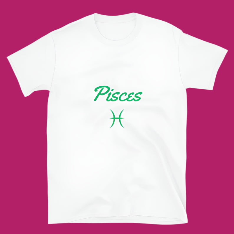 White t-shirt with the word "Pisces" in green script above the Pisces astrological symbol.