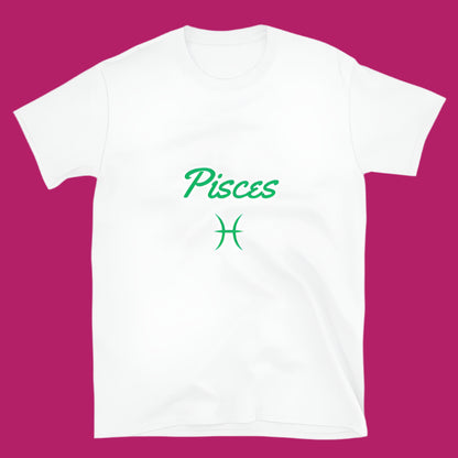 White t-shirt with the word "Pisces" in green script above the Pisces astrological symbol.