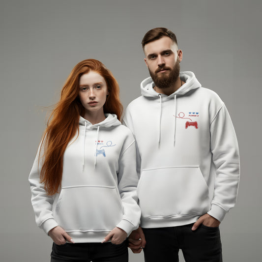 White Player 1 & Player 2 Gamer Couple Hoodies