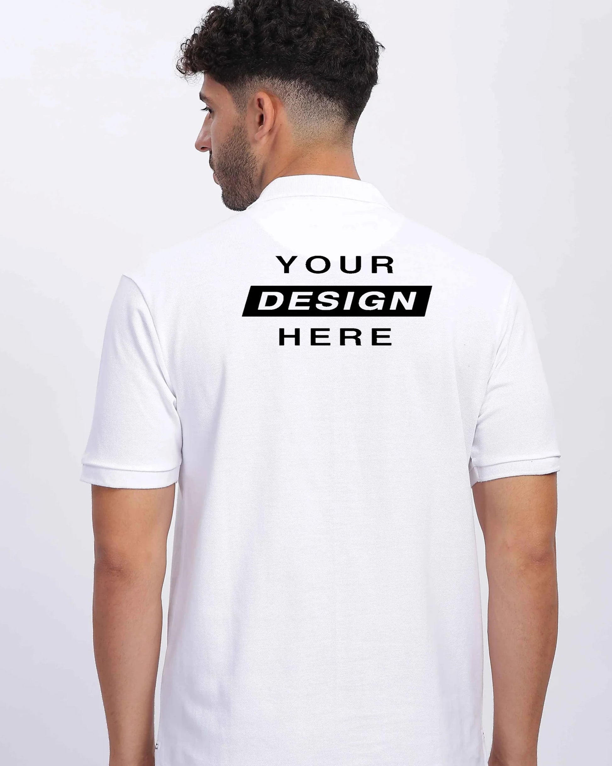 Men wearing a white polo t-shirt showcasing a bold back design print
