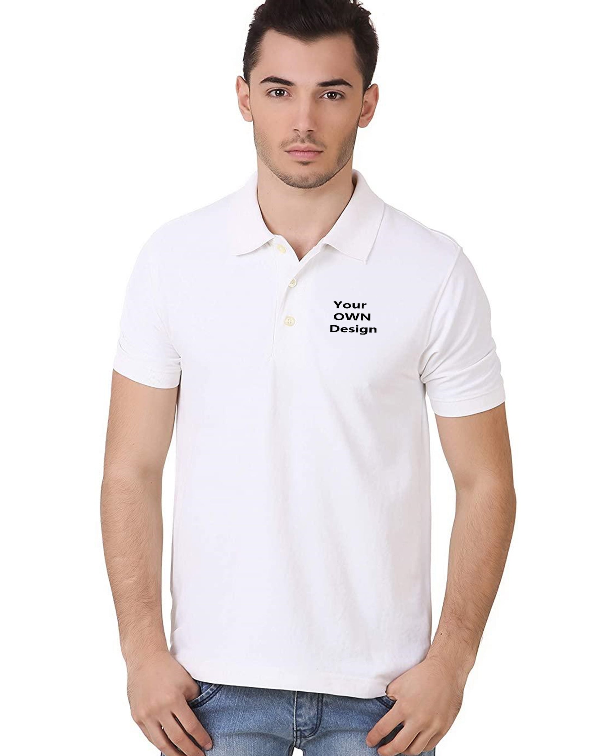  Men in white polo t-shirt with custom chest design print