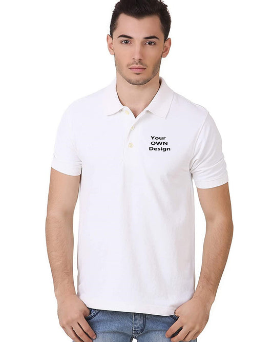  Men in white polo t-shirt with custom chest design print