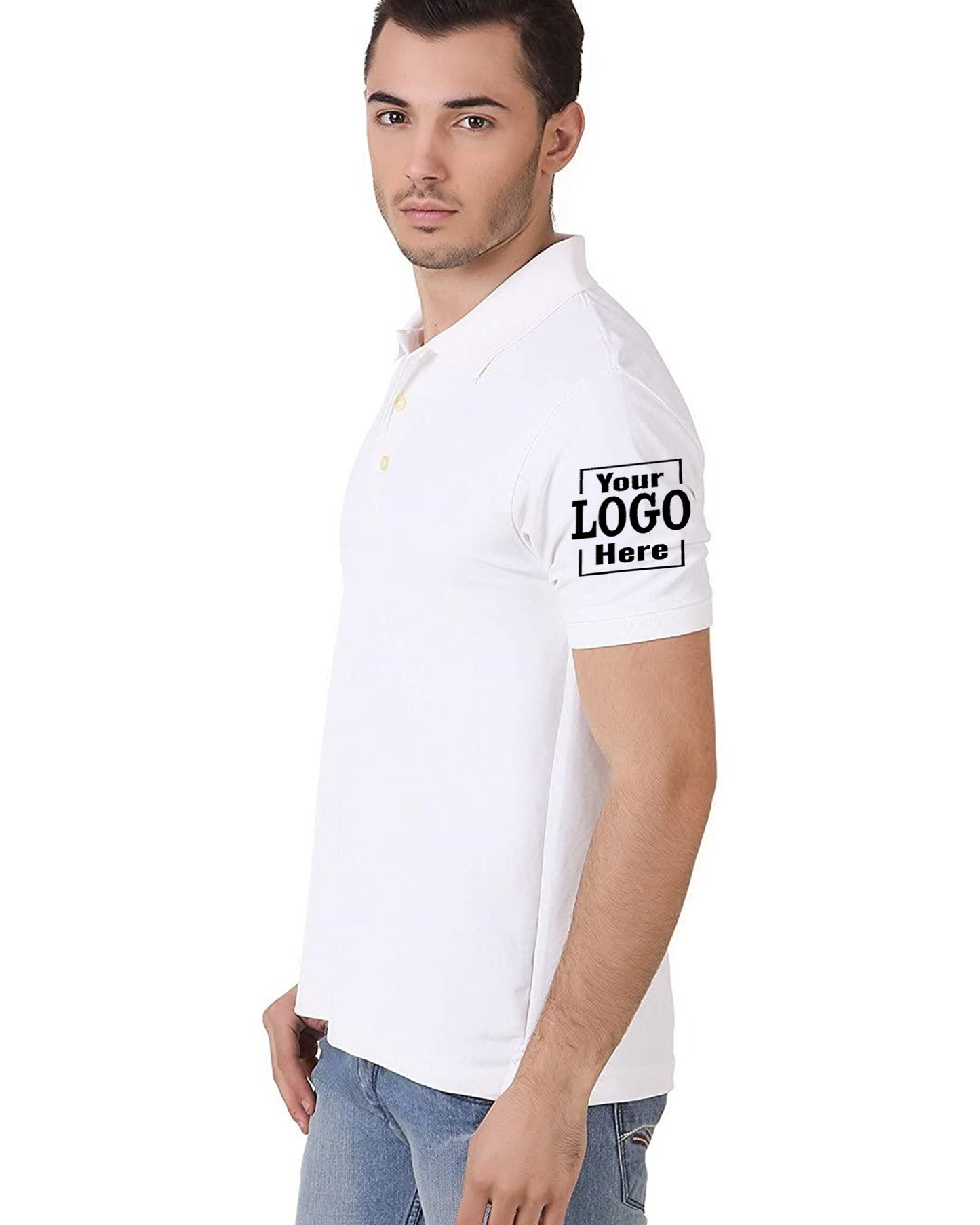 Men wearing a white polo t-shirt featuring a logo design on sleeve