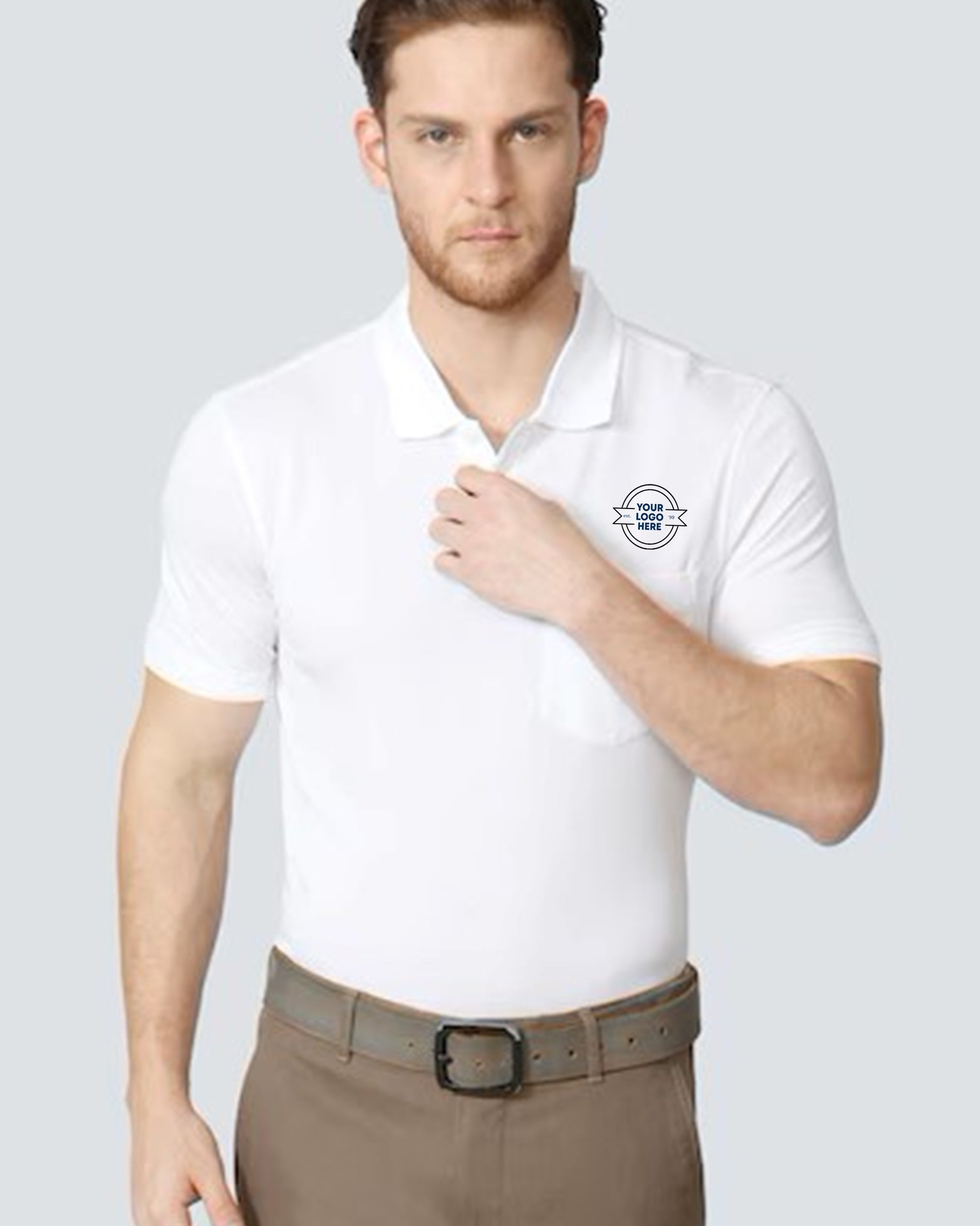 A men  white polo t-shirt with a "Your Logo Here" placeholder on the chest pocket.