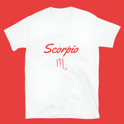 White t-shirt features the word "Scorpio" and its astrological symbol in red.