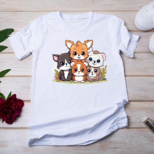White t-shirt featuring a stack of five adorable cartoon animals: a fox, cat, hamster, and two dogs.