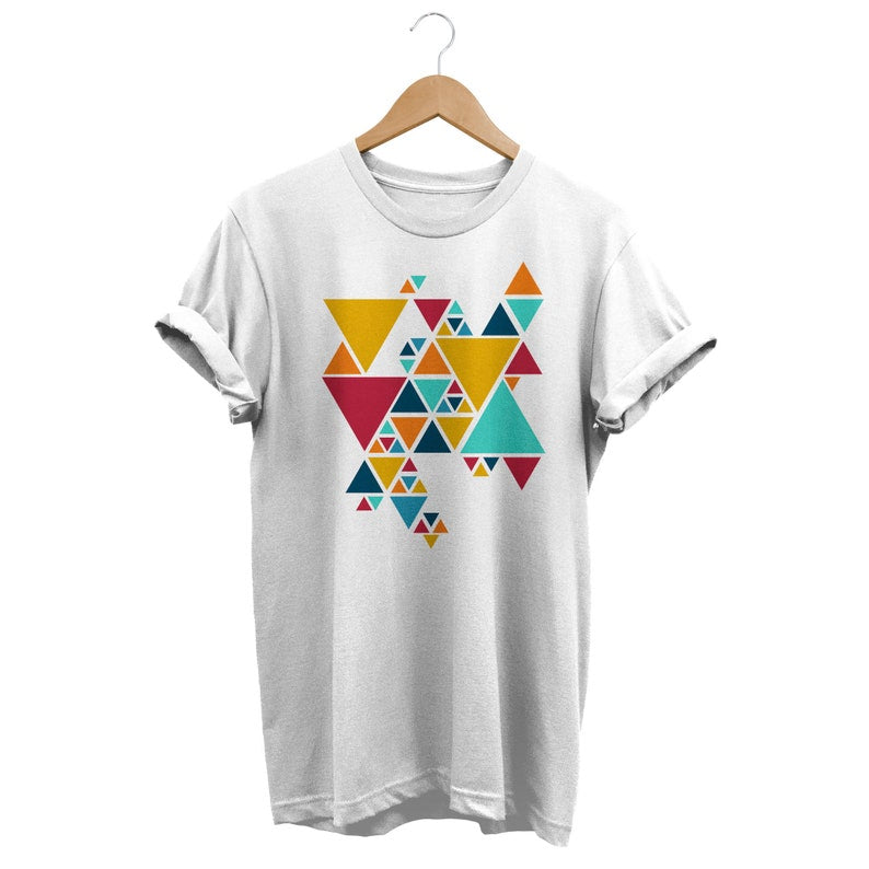 White t-shirt featuring a colorful cluster of abstract geometric triangles.