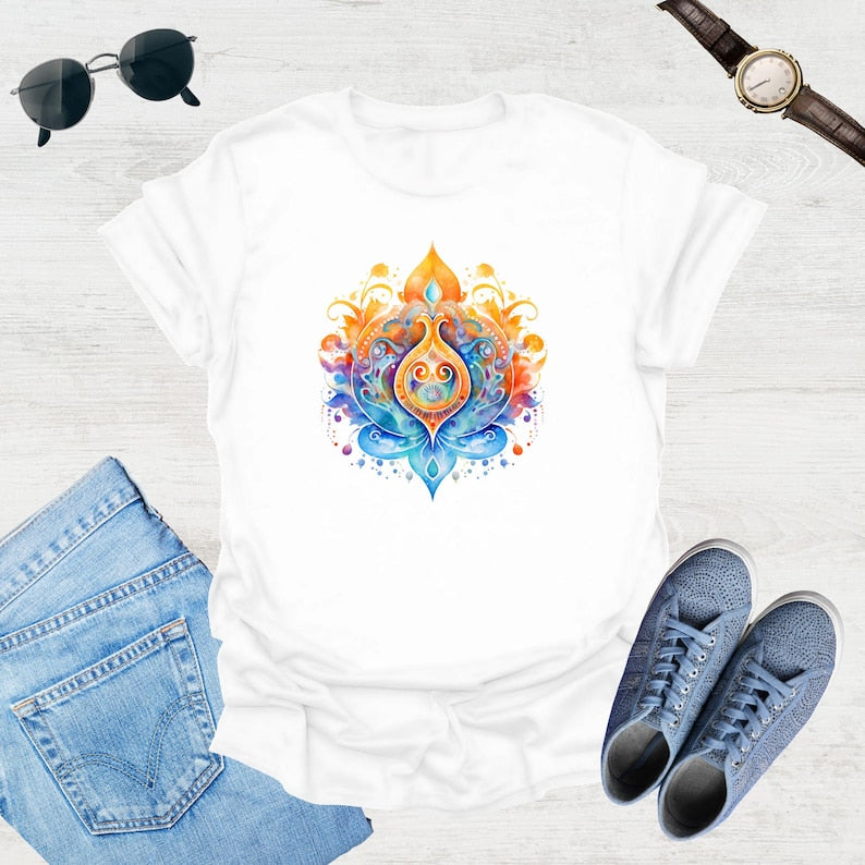 White t-shirt showcases a colorful, psychedelic lotus flower graphic with swirling orange, blue, and yellow details.