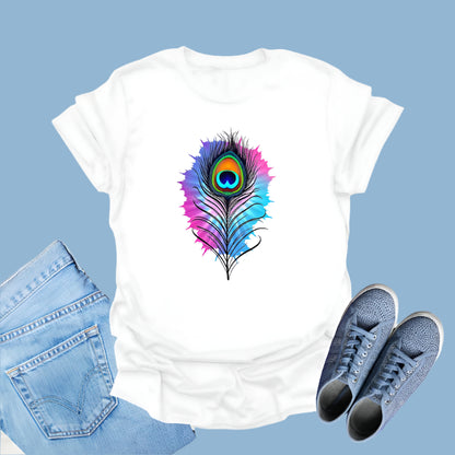 White t-shirt featuring a colorful watercolor-style graphic of a peacock feather.