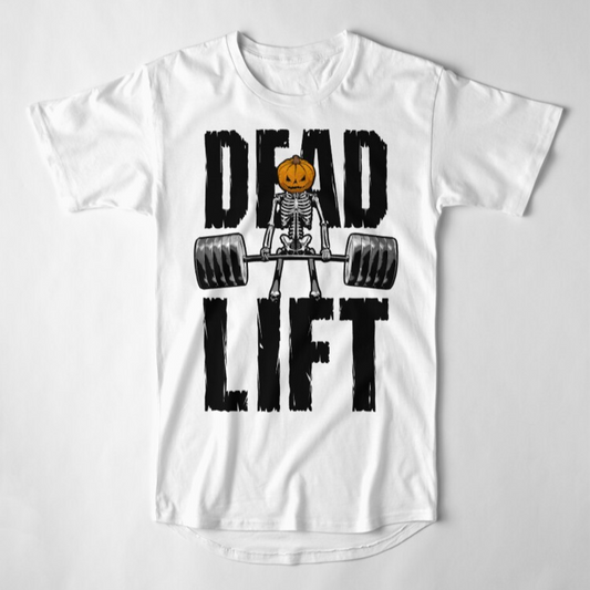 White t-shirt with "DEAD LIFT" text, skeleton lifting barbell, pumpkin head.