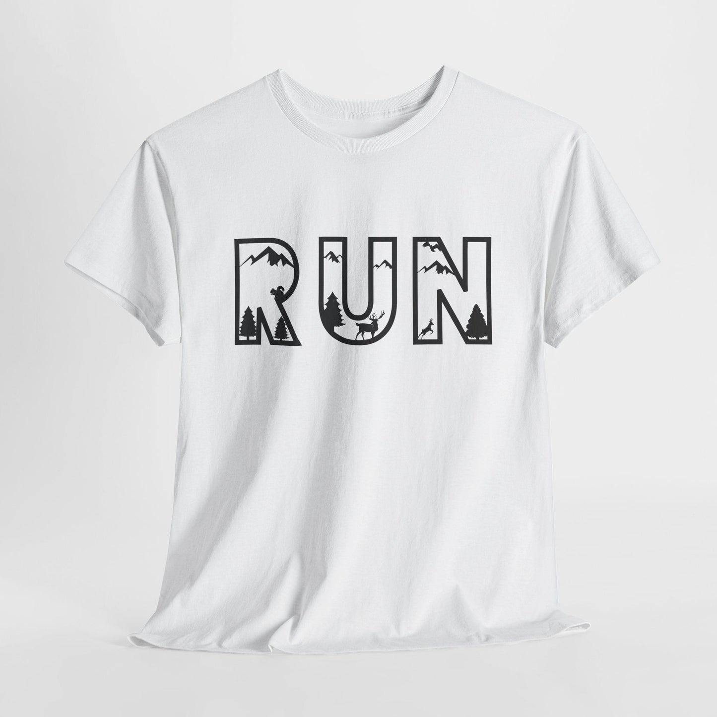 White t-shirt with "RUN" text filled with nature scene graphics.