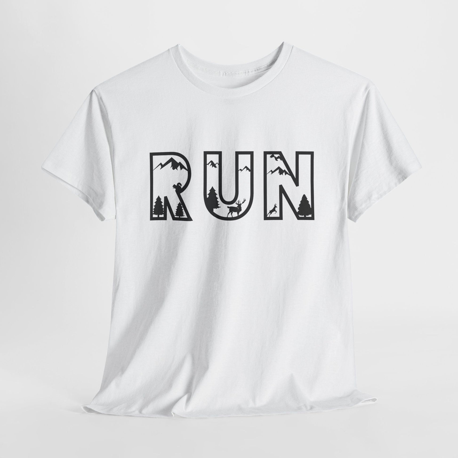 White t-shirt with "RUN" text filled with nature scene graphics.