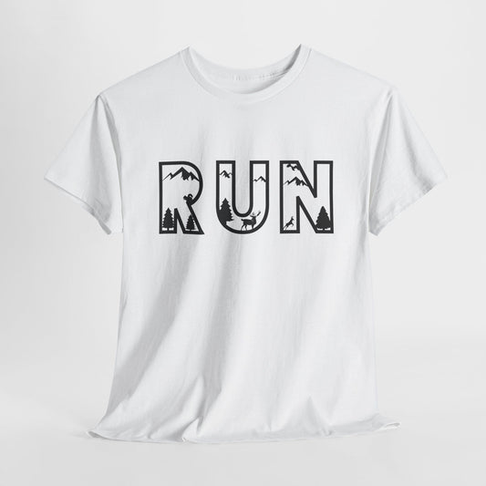 White t-shirt with "RUN" text filled with nature scene graphics.