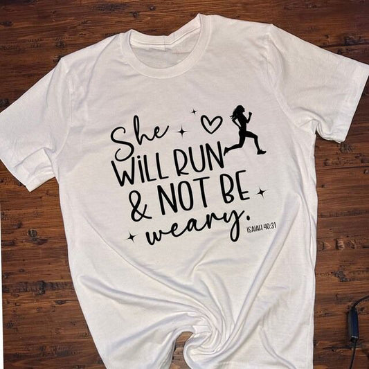 White t-shirt with "She will run & not be weary" text and runner silhouette.
