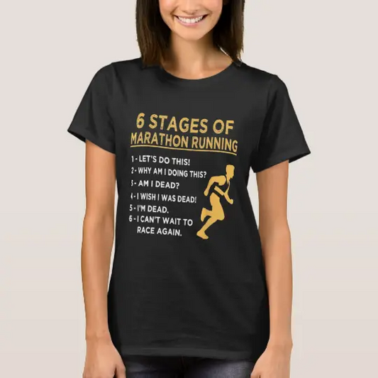 Woman in black t-shirt with "6 Stages of Marathon Running" graphic and text list.