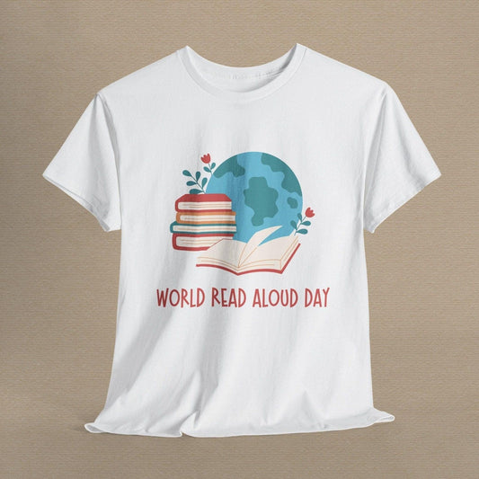 White t-shirt with book, globe, and "World Read Aloud Day" design.  Commemorate reading and storytelling with this special day t-shirt.
