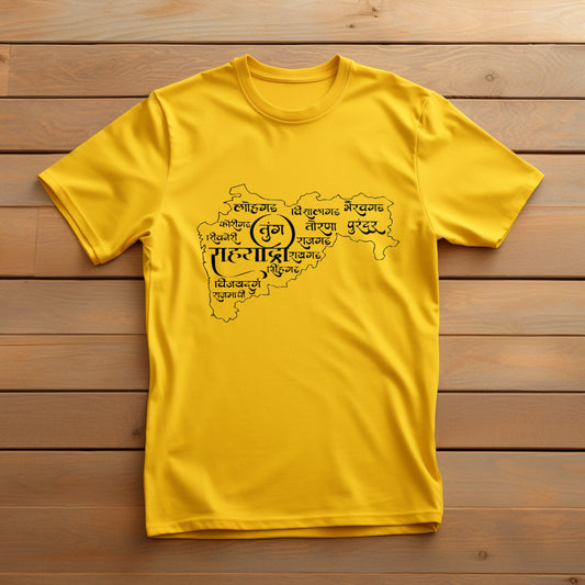  Bright yellow t-shirt displaying a black outline map of Maharashtra with names of forts written in Marathi.