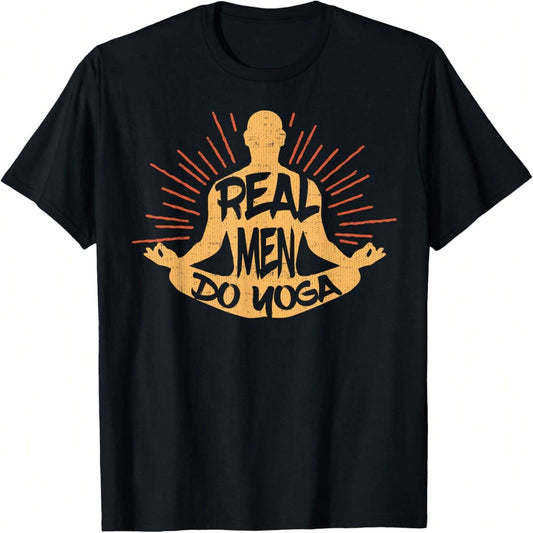 Black t-shirt with "Real Men Do Yoga" quote and meditating man.