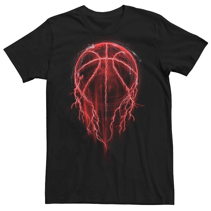 Black T-shirt featuring a striking red neon-style basketball design with electric lightning effects, creating a bold and dynamic look.