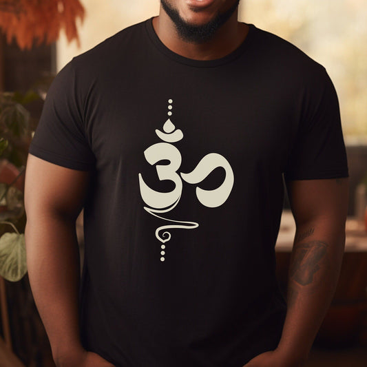 Black T-Shirt with a stylized white graphic of the Om symbol and decorative dots.