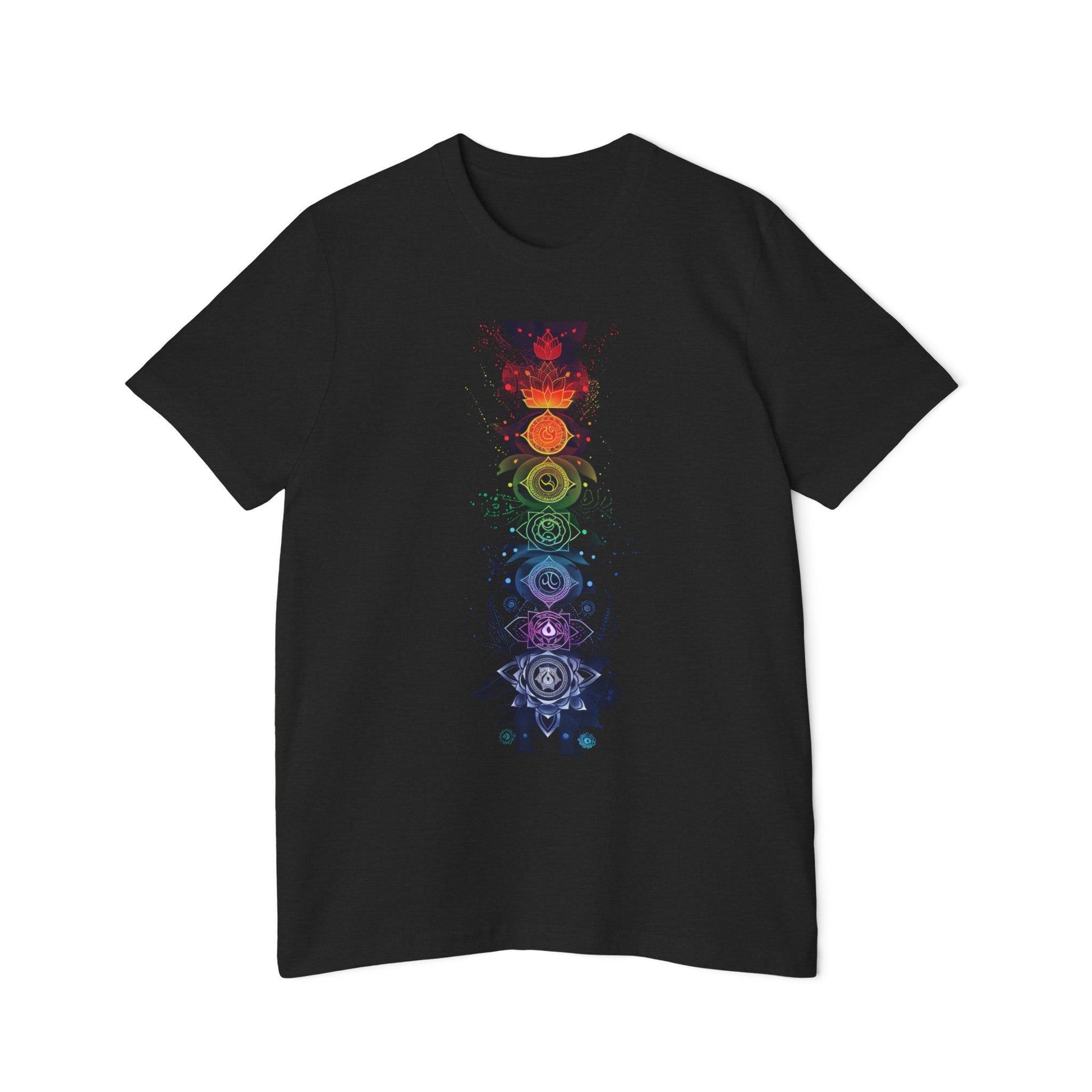 Black T-Shirt with seven colorful chakra symbols arranged vertically, each with a detailed, geometric design, suitable for spiritual or yoga practices.