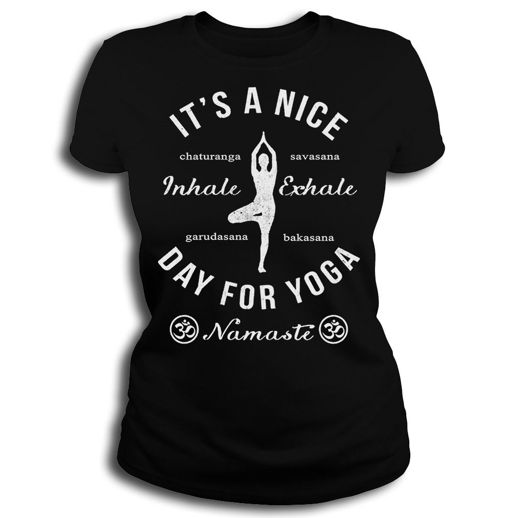 Black t-shirt with yoga pose, "It's a nice day for yoga" quote, and pose names.
