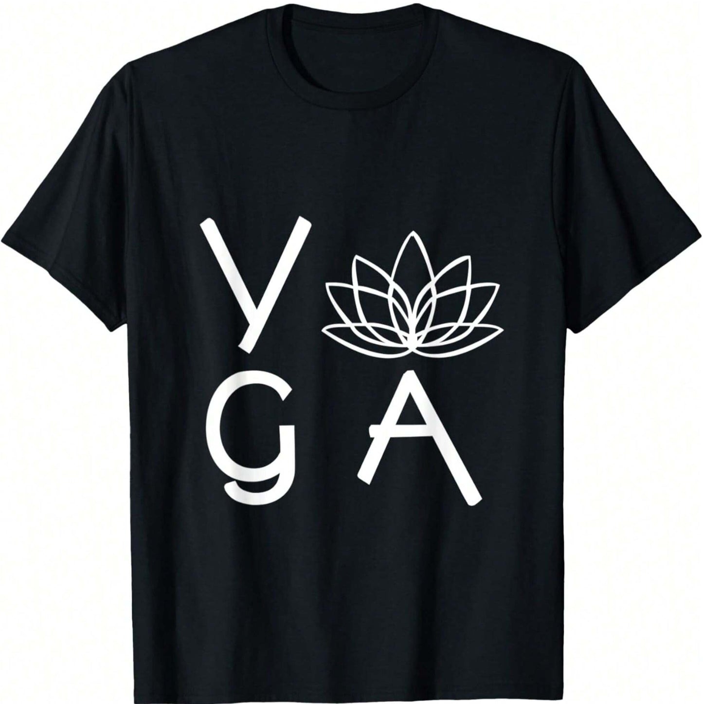Black t-shirt with "YOGA" and a lotus flower graphic in white.