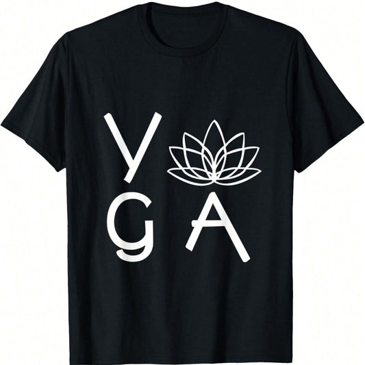 Black t-shirt with "YOGA" and a lotus flower graphic in white.