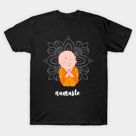 A black t-shirt featuring a cartoon monk with "namaste," a symbol of peace and respectful greeting on the path.
