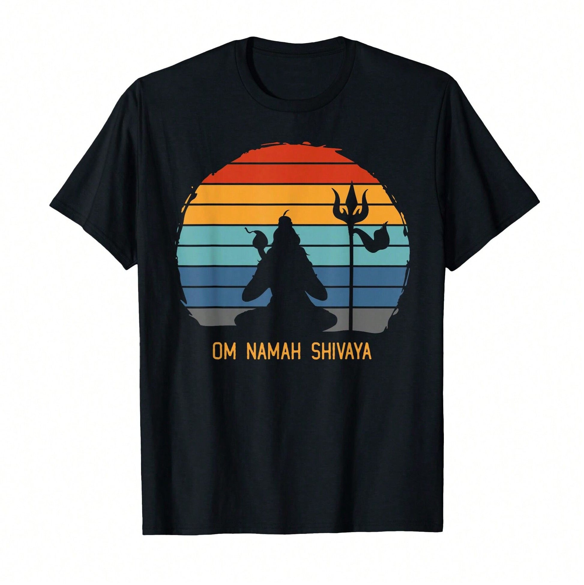Black T-Shirt with a silhouette of Shiva, his trident, and a striped sunset background, with "OM NAMAH SHIVAYA" written below.