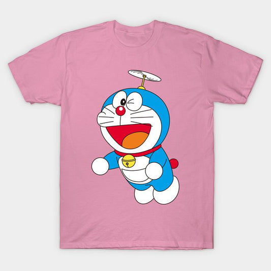Flying Doremon Print in Pink T-Shirt