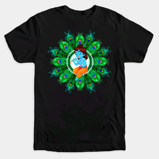 Black t-shirt with a cartoon-style Bal Gopal (baby Krishna) playing the flute, surrounded by a vibrant peacock feather mandala.