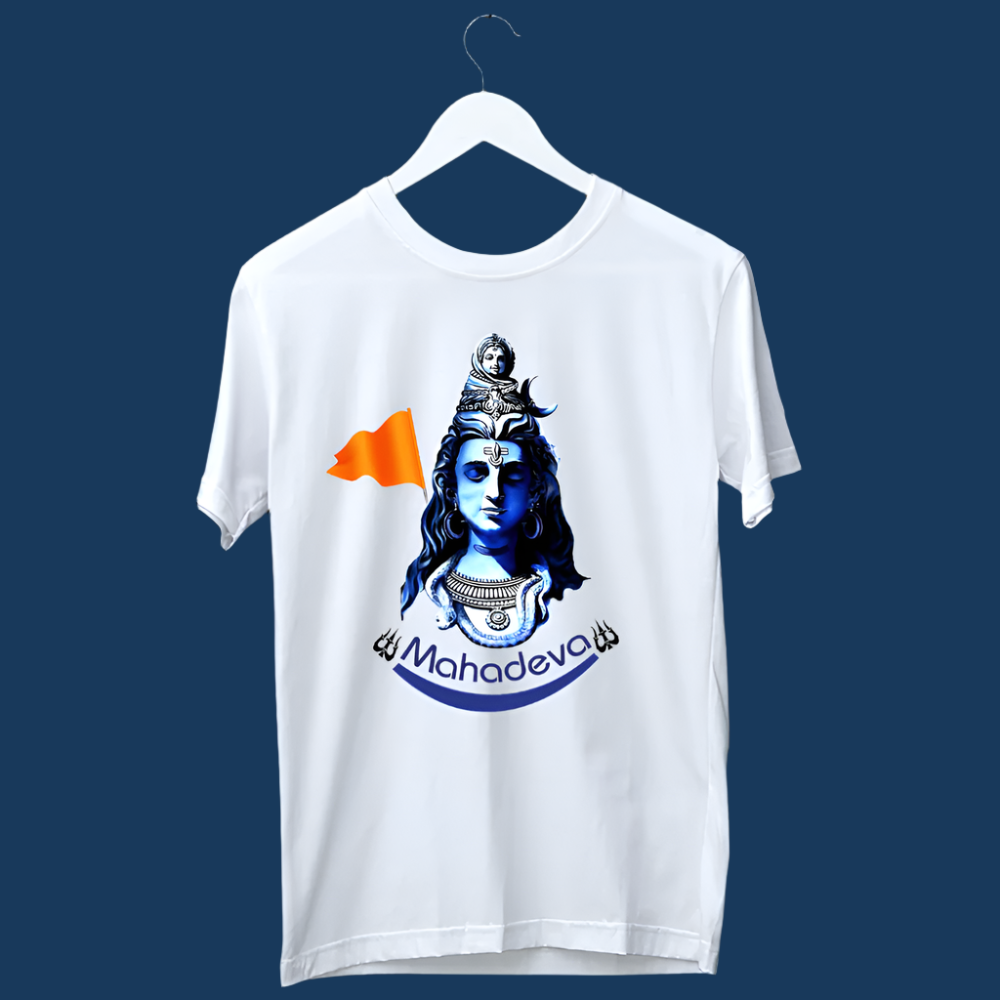 White T-Shirt with a blue-toned portrait of Shiva, a small Shiva lingam on his head, an orange flag, and "Mahadeva" written in script.