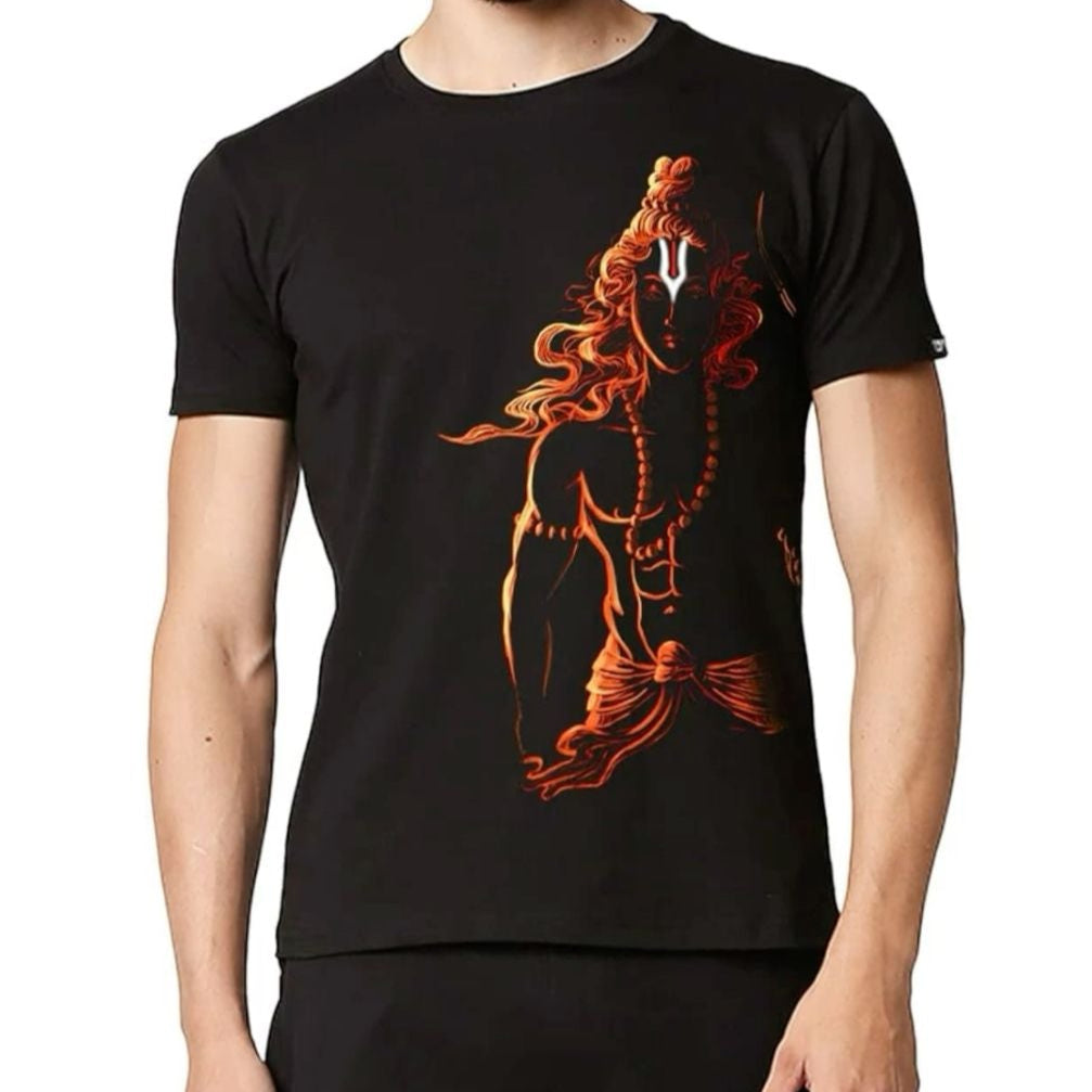 Black T-Shirt with an orange glowing silhouette of Shri Ram with a tilak and flowing hair.
