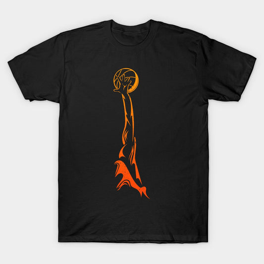 Black T-shirt featuring a striking orange silhouette of an extended arm reaching for a basketball, creating a bold and dynamic sports-inspired design.
