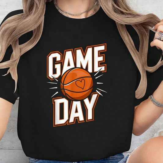 Black T-shirt featuring bold 'Game Day' text with an orange basketball and heart detail, perfect for basketball fans and game day outfits.